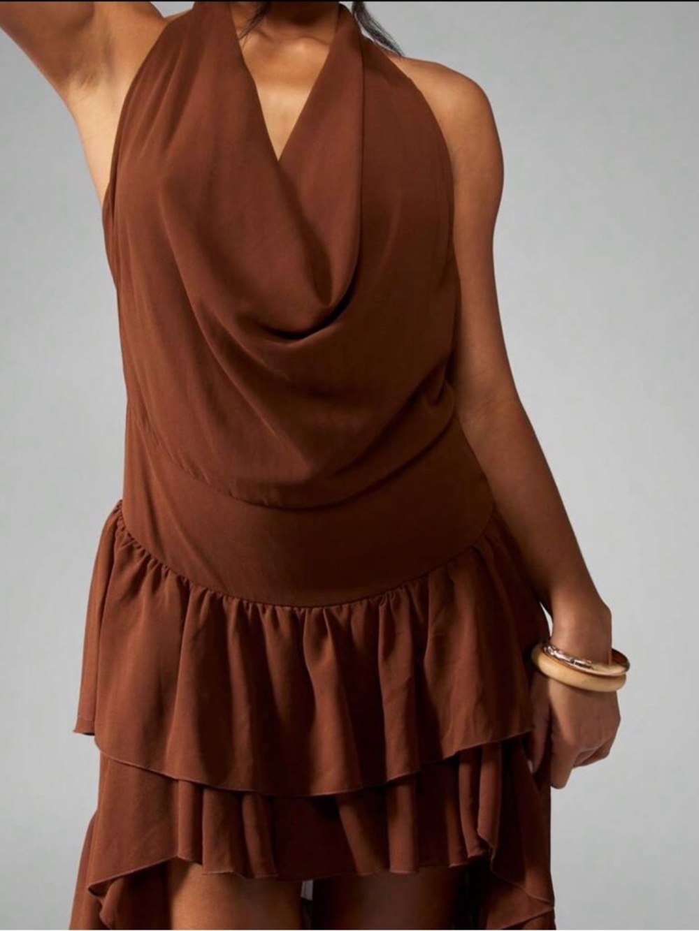 Brown High-Low Ruffle Halter Dress - Picture 2 of 6